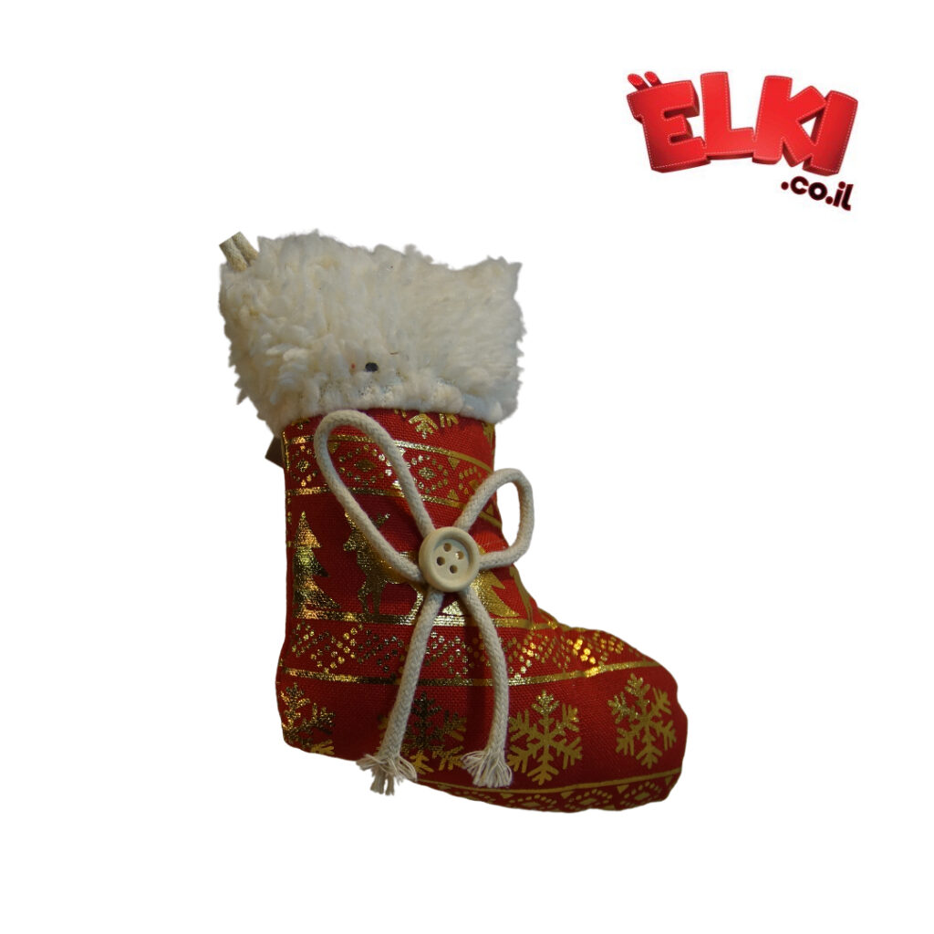 Новогодняя текстильная игрушка с узором  и меховой окантовкой в форме носка
