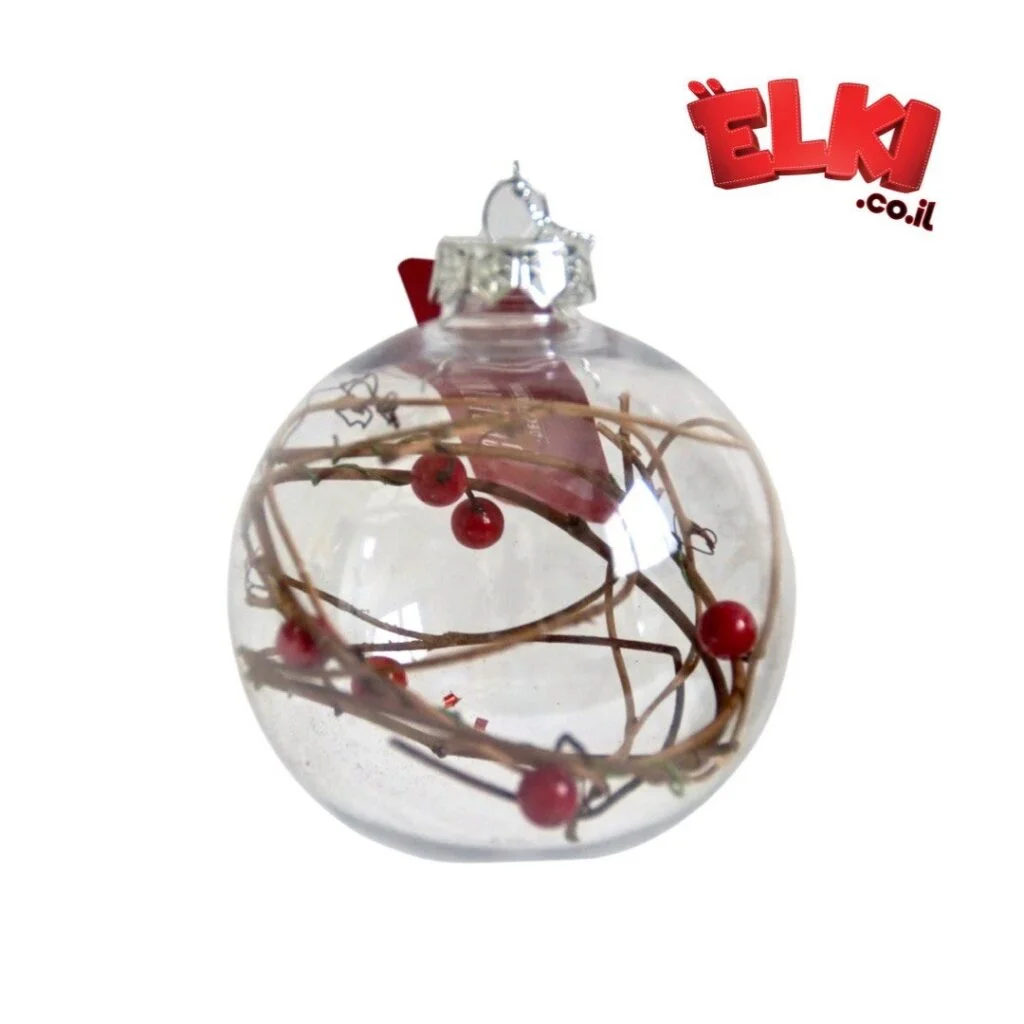 Новогоднее елочное украшение в форме прозрачного шара с ветками терновника и красными ягодками внутри