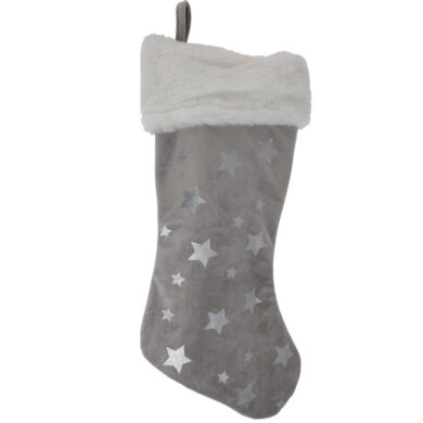 XMAS STOCKING VELVET, POLYESTER, SIZE: 23X1X45CM, WEIGHT: 85 GRAM, COLOUR: GREY WITH SILVER STARS, WITH WHITE FUR 230X10X450MM