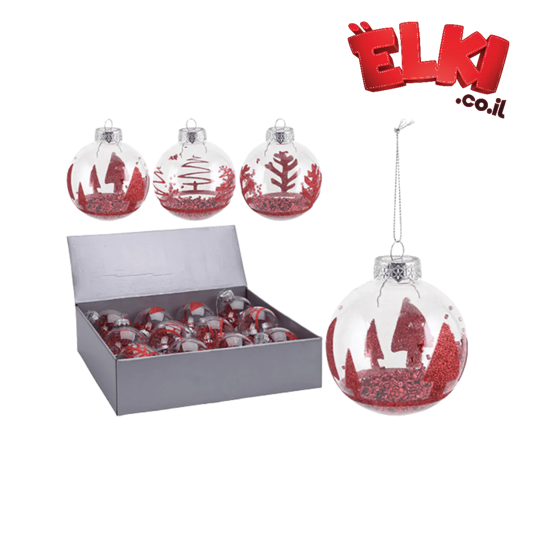 קישוט תליה בצורת כדור פלסטיק יער אדום 8 ס"מ