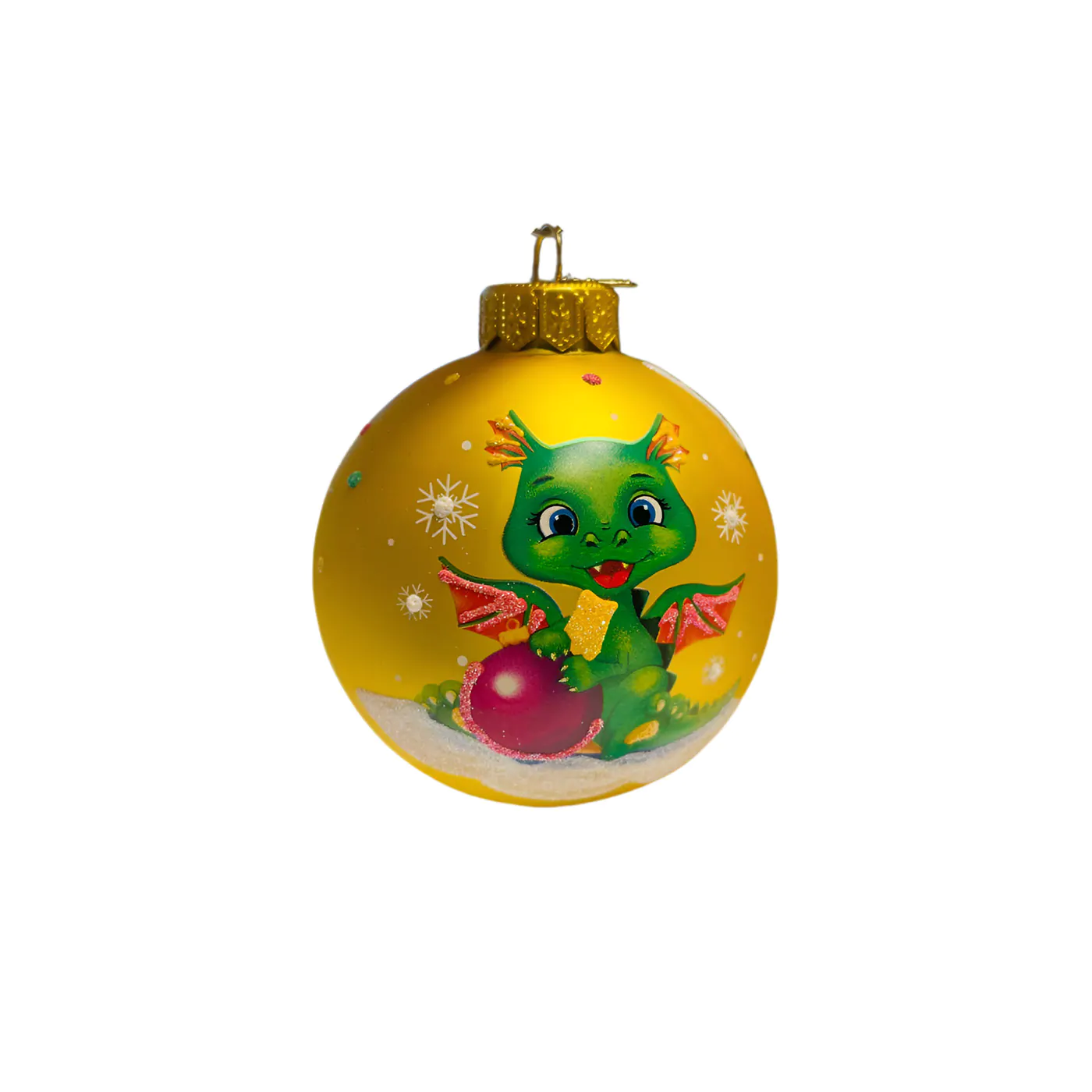 סמל השנה כדור זכוכית לתליה דרקון חמוד זהב 8 ס"מ
