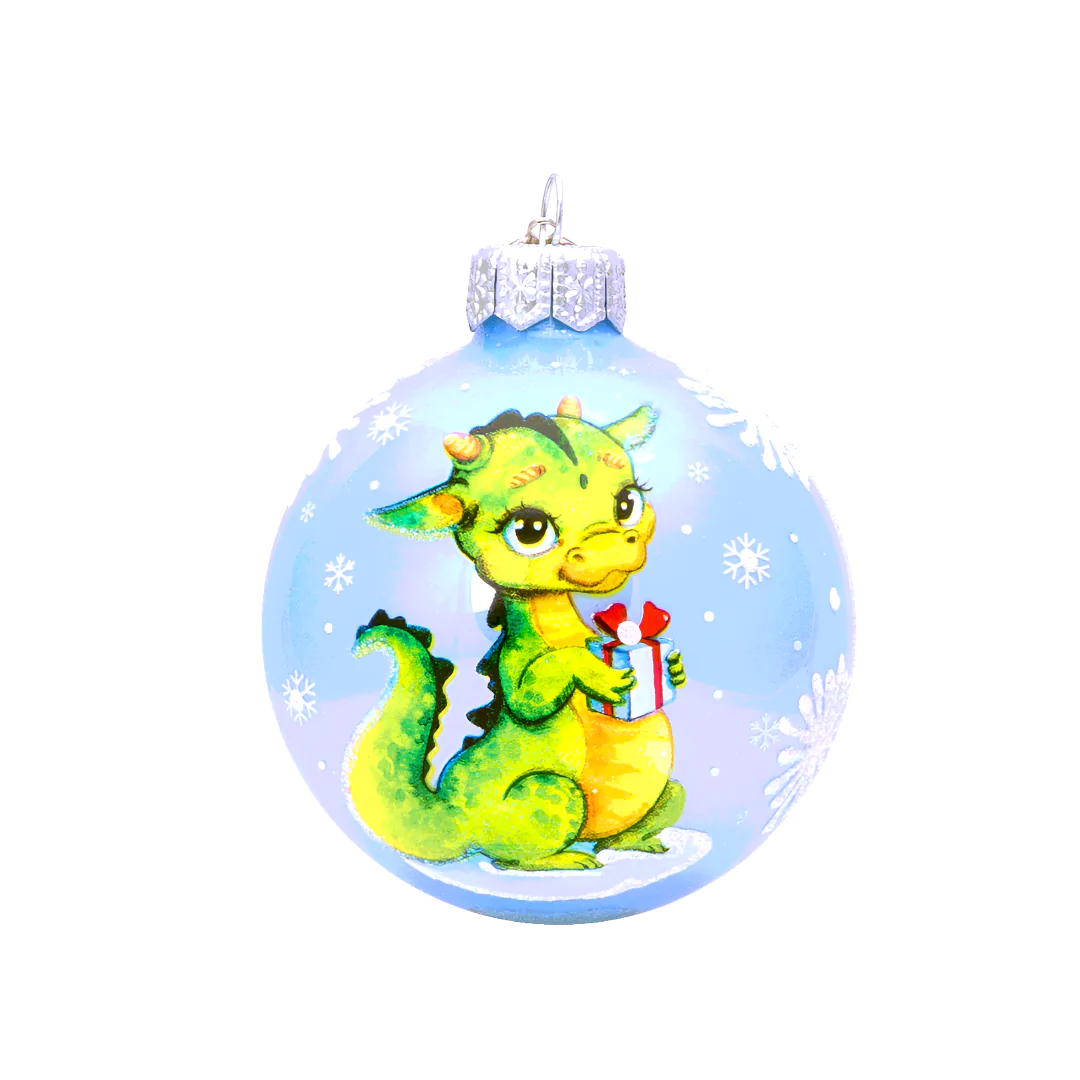 Символ Года Стеклянный ёлочный шар Дракоша голубой 8 см