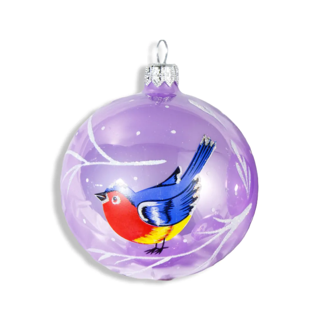 כדור זכוכית לתליה חורף ציפור לילך 8 ס"מ