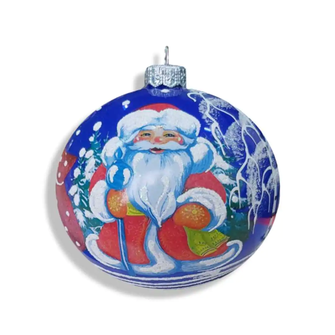 Стеклянный шар Дед Мороз с посохом 2 синий 10 см