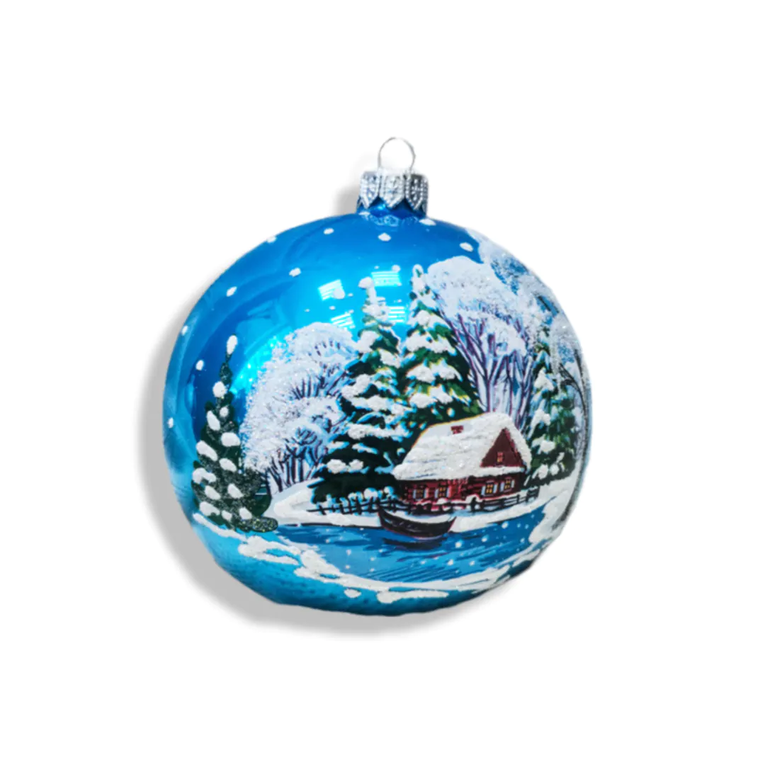 Стеклянный шар Домик на берегу синий 10 см
