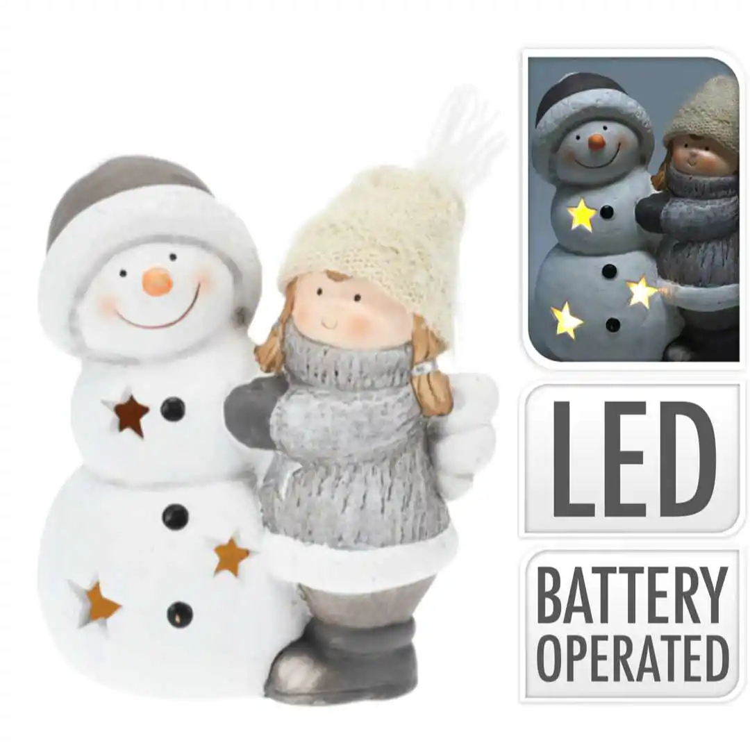 פסלון דקורטיבי עם תאורת לד ילד עם איש שלג 17 ס"מ