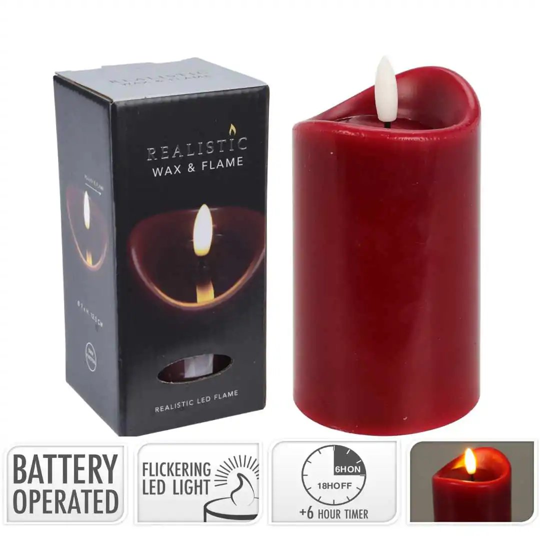 נר שעווה אדום כהה דקורטיבי עם תאורת לד מובנה 12.5 ס"מ