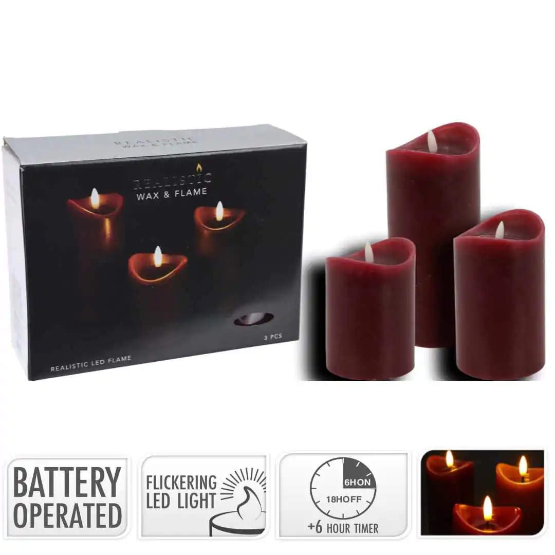 סט נרות שעווה בורדו דקורטיביות עם תאורת לד מובנית