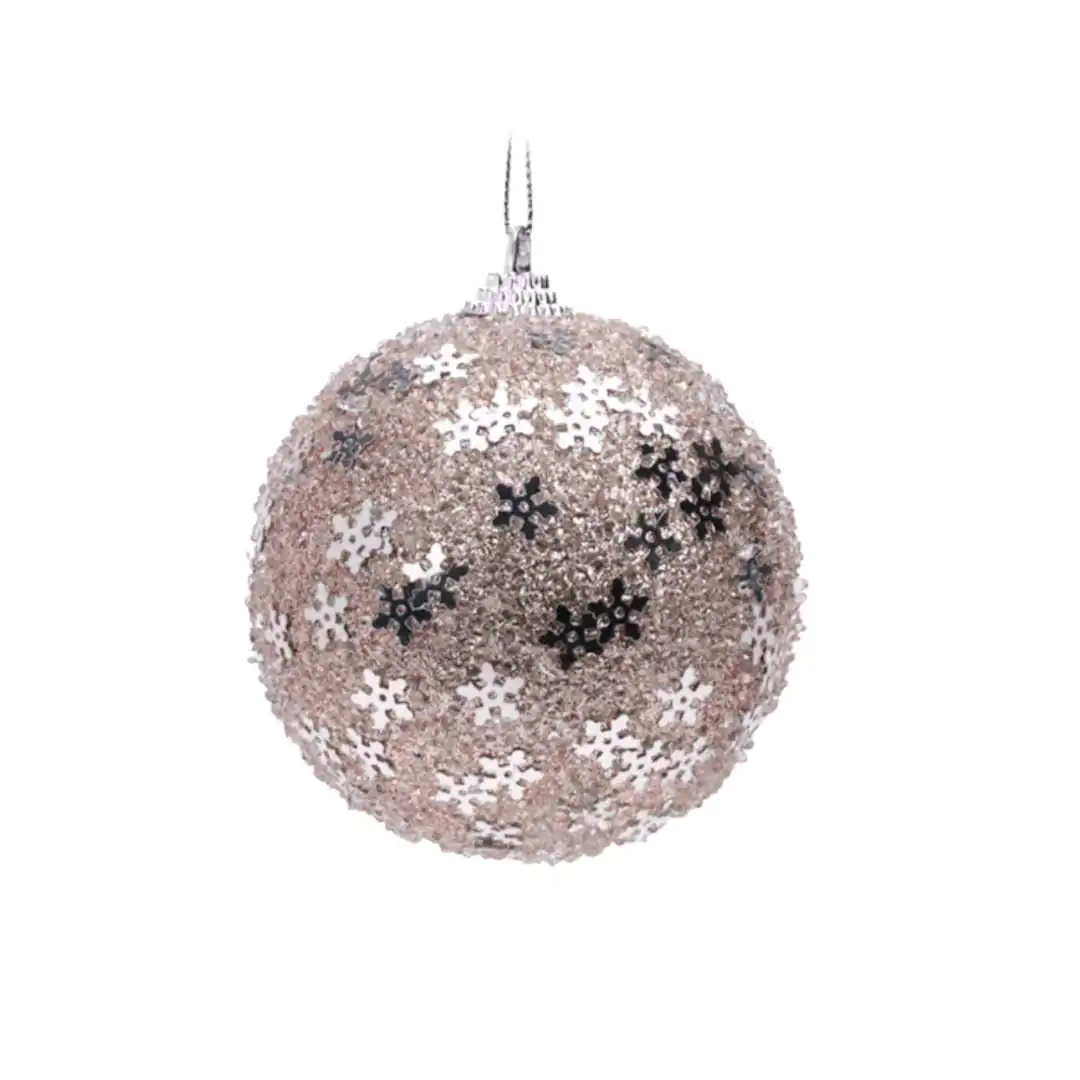 קישוט לתליה כדור פלסטיק עם פתיתי שלג ורוד 8 ס"מ