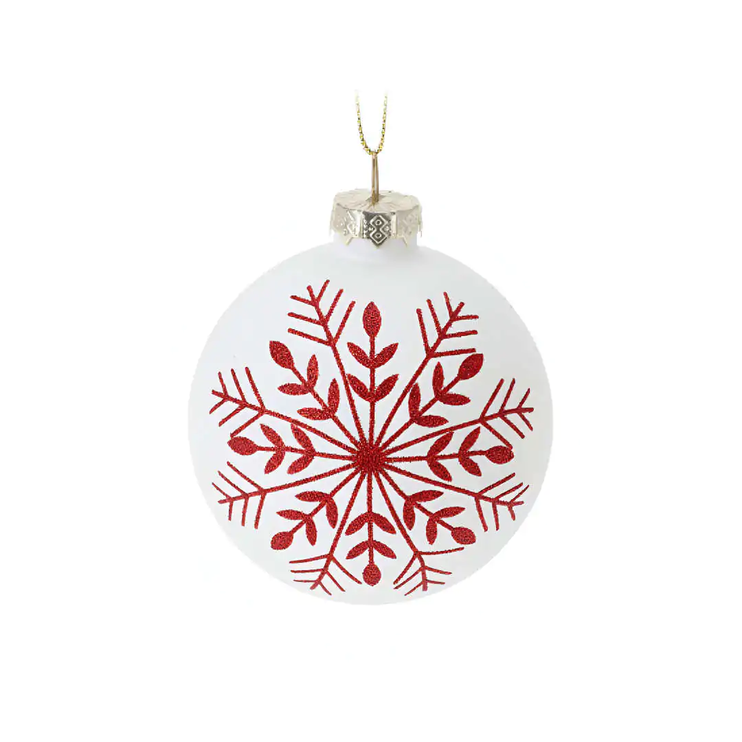 קישוט לתליה בצורת כדור זכוכית פתית שלג לבן 8 ס"מ