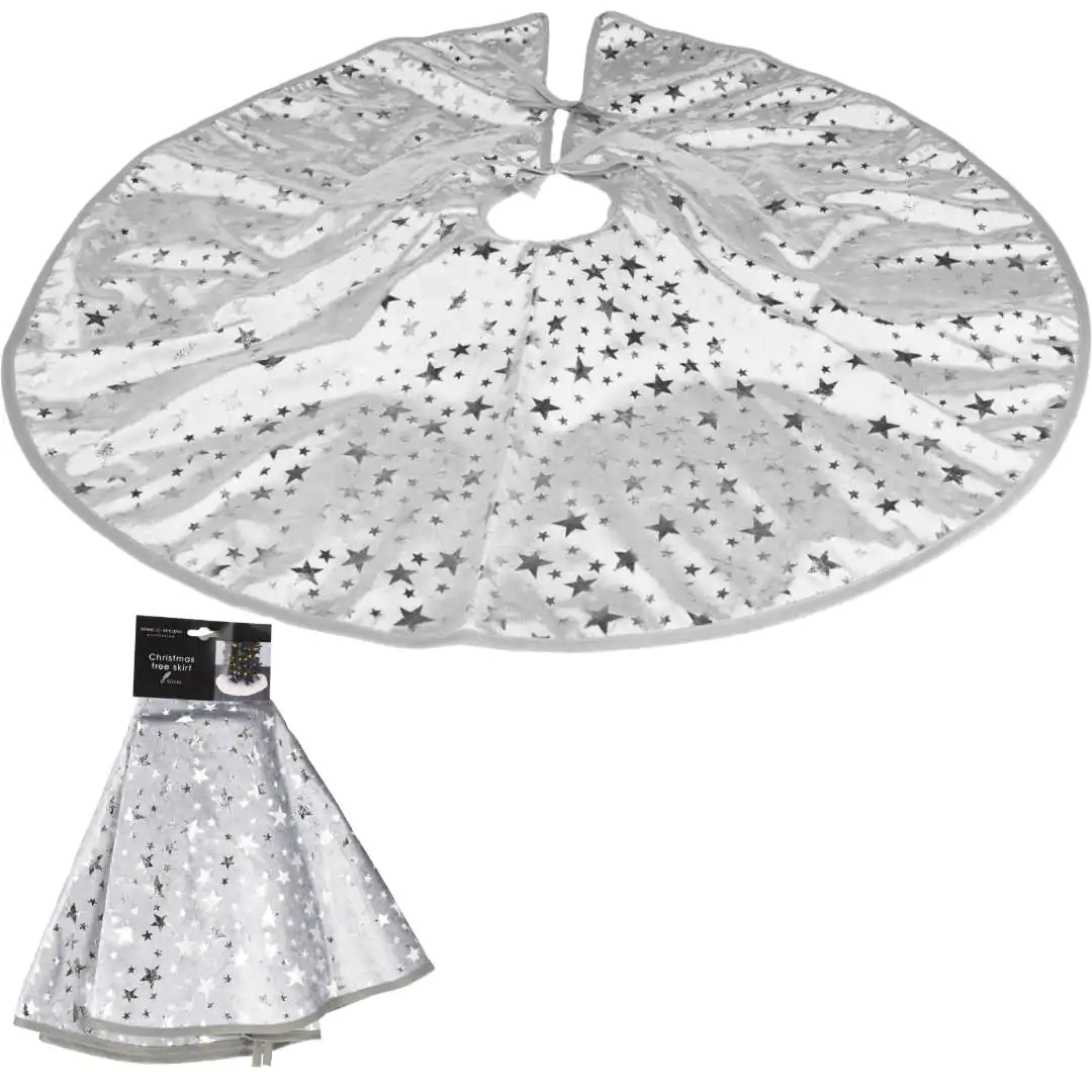 חצאית לעץ אשוח קטיפתית כסופה עם הדפס כוכבים 2 90 ס"מ