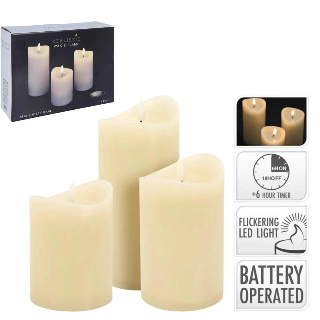 סט נרות שעווה שנהב דקורטיביות עם תאורת לד מובנית