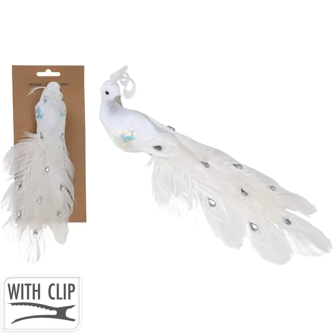 Новогоднее елочное украшение Белый Павлин 24 см