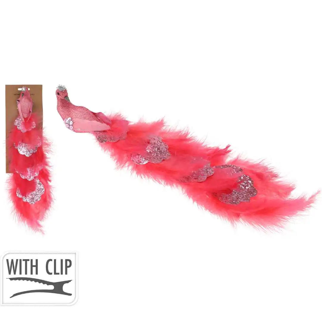 קישוט לעץ אשוח טווס פוקסיה מנצנץ 24 ס”מ