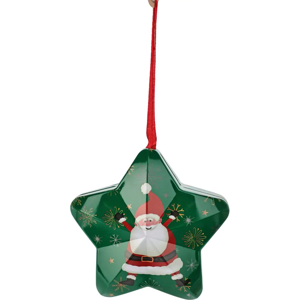 קישוט עץ חג המולד: כוכב מתכת (קופסה), ירוק עם תמונה של סנטה קלאוס ופתיתי שלג, 10 ס"מ