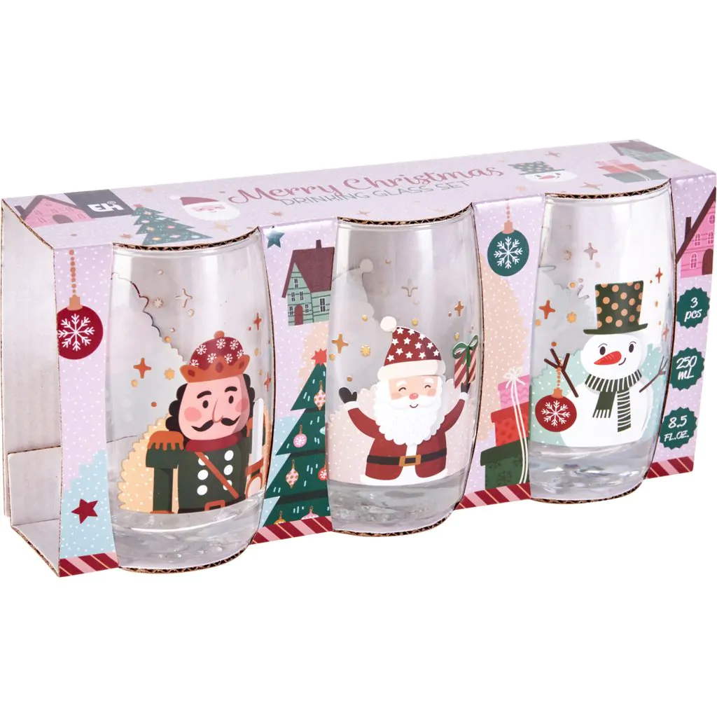 Набор из 3 стаканов для напитков, стеклянные, с рождественскими принтами, 300 мл