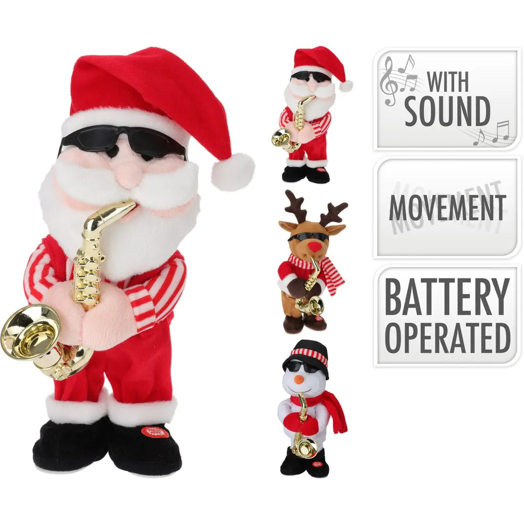 ⁦איש שלג קטיפה מנגן בסקסופון, עם מוזיקה וריקודים, 35 ס"מ⁩ – תמונה ⁦2⁩