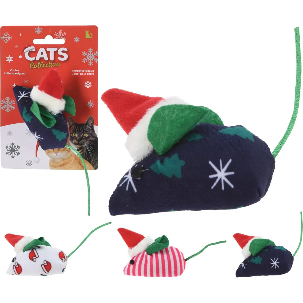 צעצוע עכבר פוליאסטר לחתולים עם הדפס חג המולד, 7 ס"מ