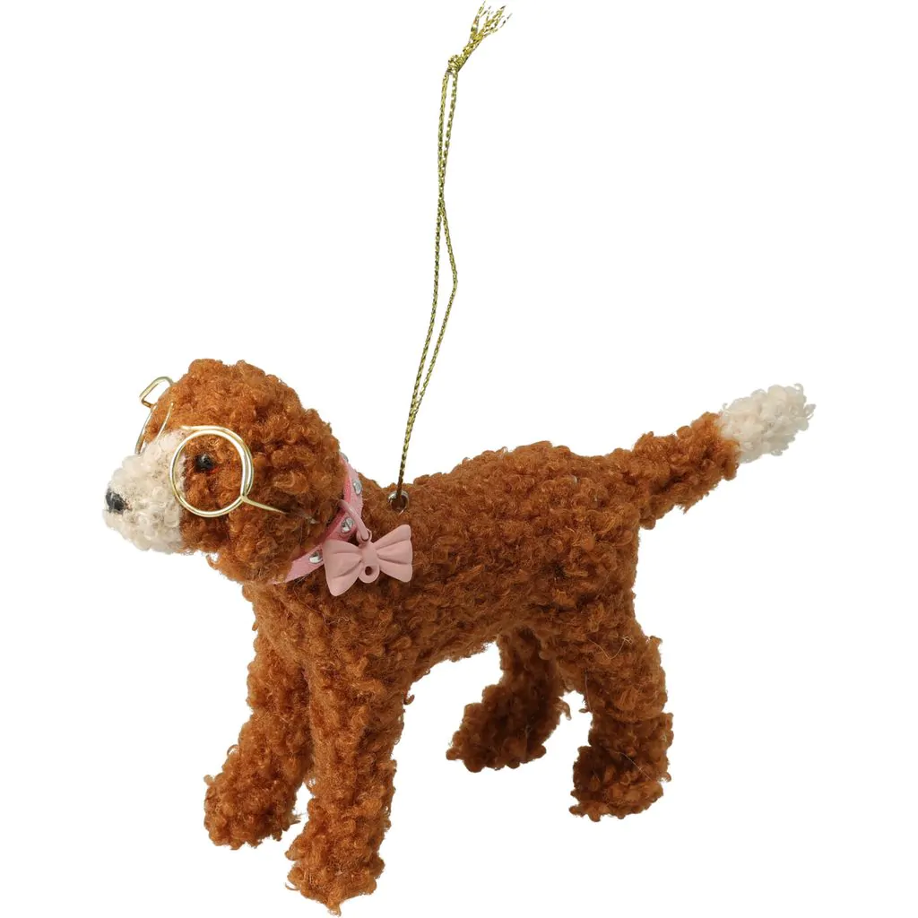 Ёлочное украшение Собака коричневая в очках с розовым ошейником и бантом, 14 см
