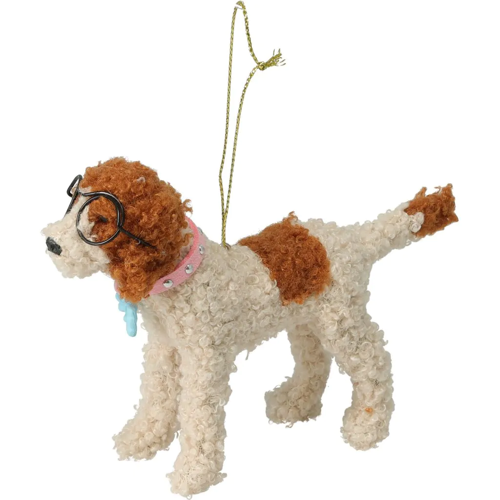 Ёлочное украшение Собака белая с рыжими пятнами, в очках, 14 см