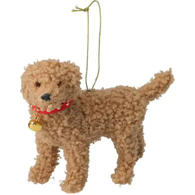 Ёлочное украшение Собака бежевая с красным ошейником и колокольчиком, 14 см