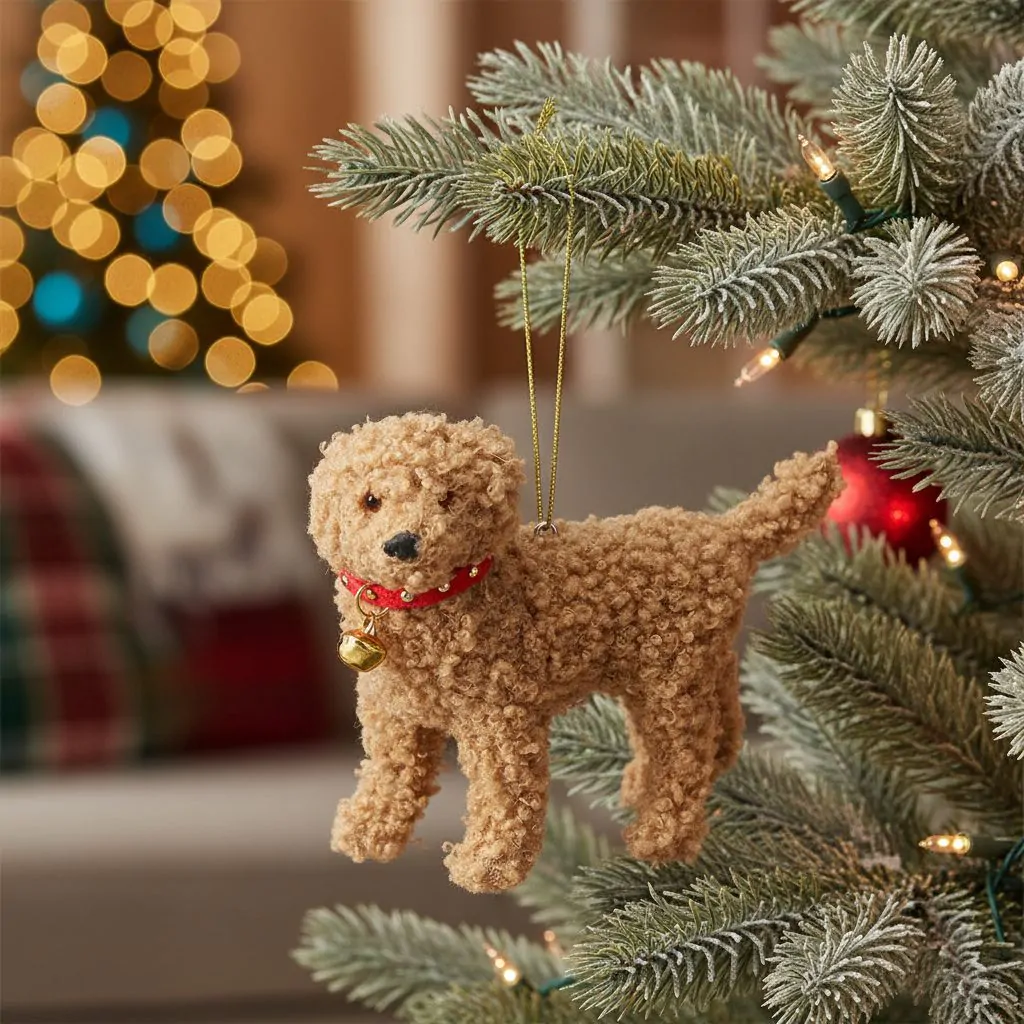 Ёлочное украшение Собака бежевая с красным ошейником и колокольчиком, 14 см — изображение 2