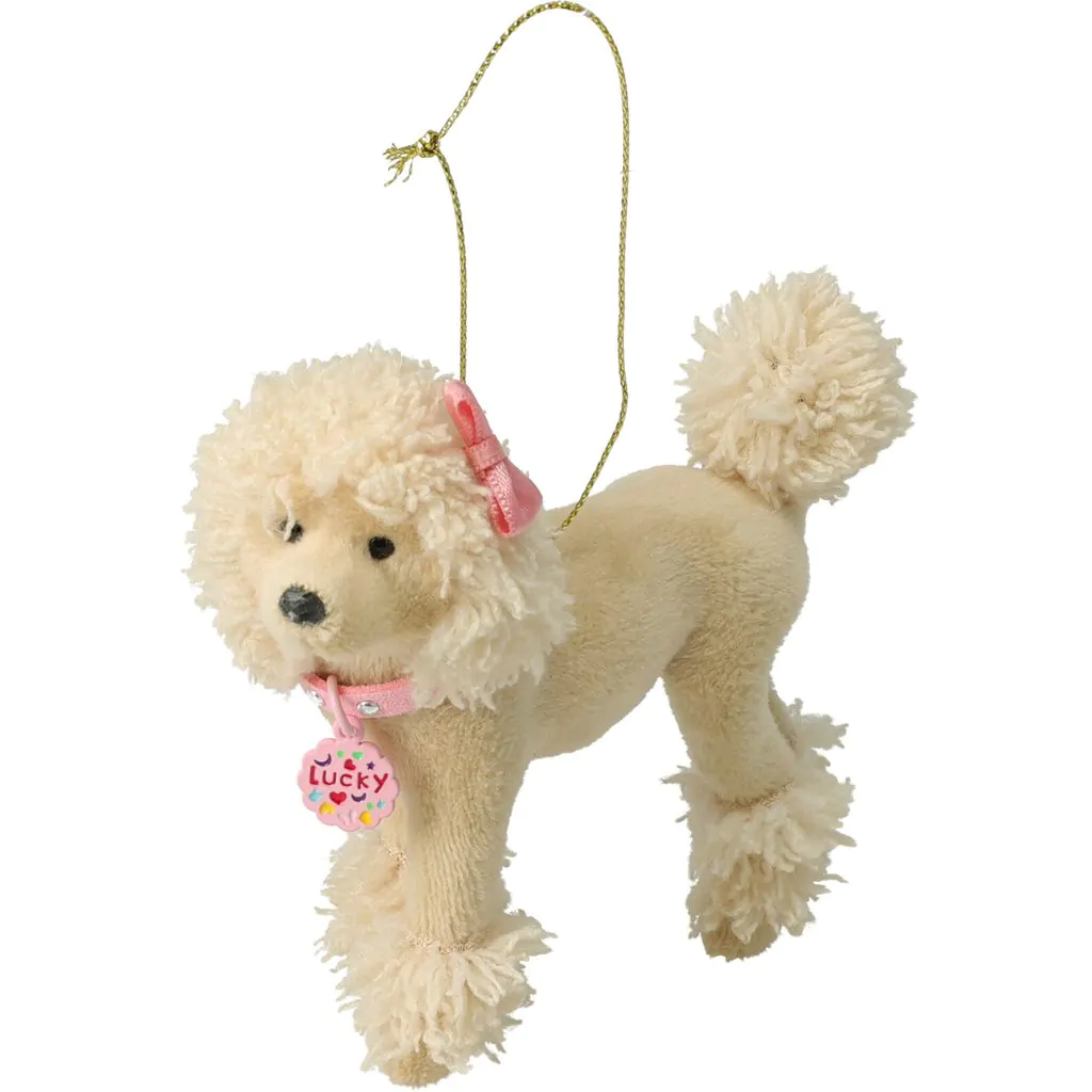 Ёлочное украшение Пудель плюшевый, кремовый, с розовым бантом и ошейником, 14 см
