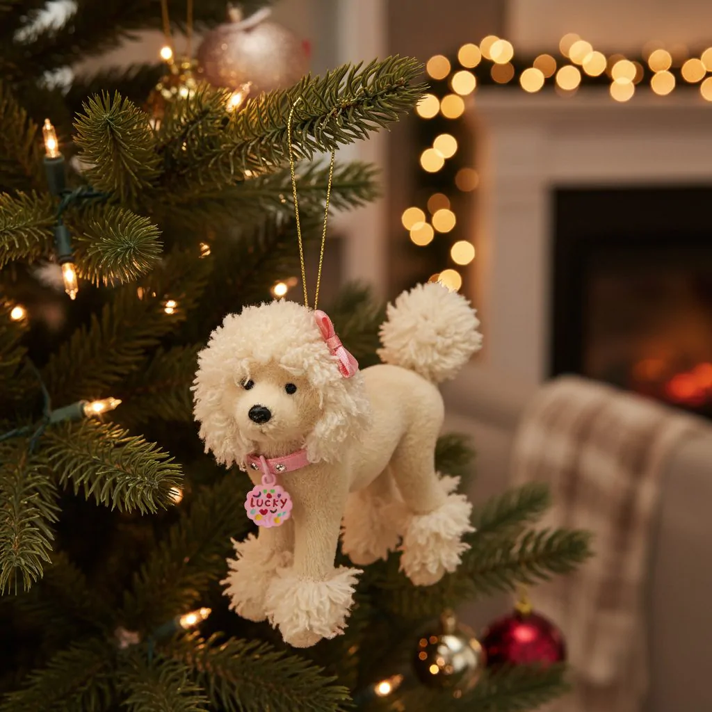 Ёлочное украшение Пудель плюшевый, кремовый, с розовым бантом и ошейником, 14 см — изображение 2