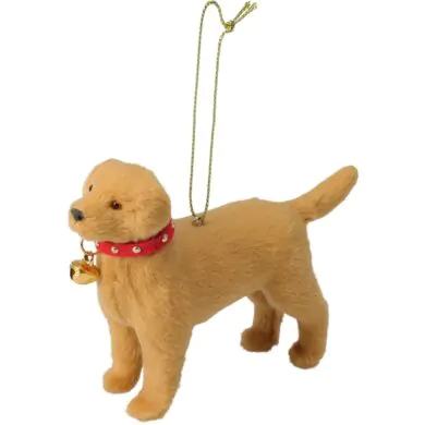 Ёлочное украшение Собака плюшевая, коричневая с красным ошейником и колокольчиком, 14 см