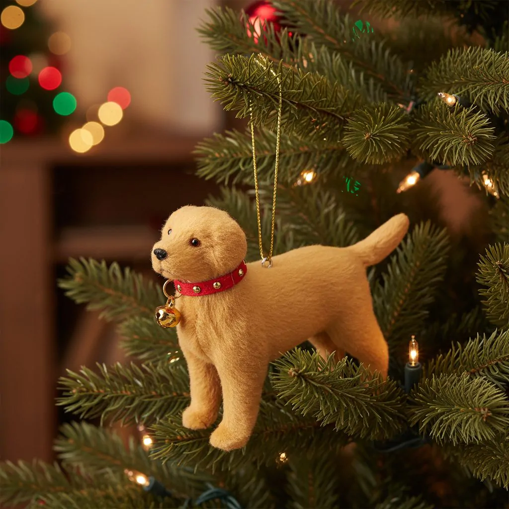 Ёлочное украшение Собака плюшевая, коричневая с красным ошейником и колокольчиком, 14 см — изображение 2