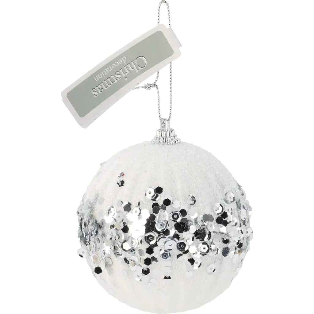 Шар ёлочный пластиковый, белый с серебристыми пайетками, 8 см