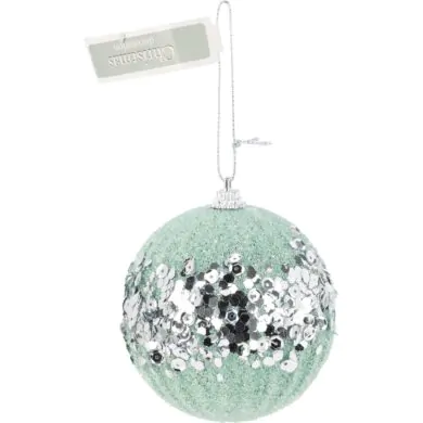 כדור עץ חג המולד מפלסטיק ירוק עם פאייטים כסופים, 8 ס"מ