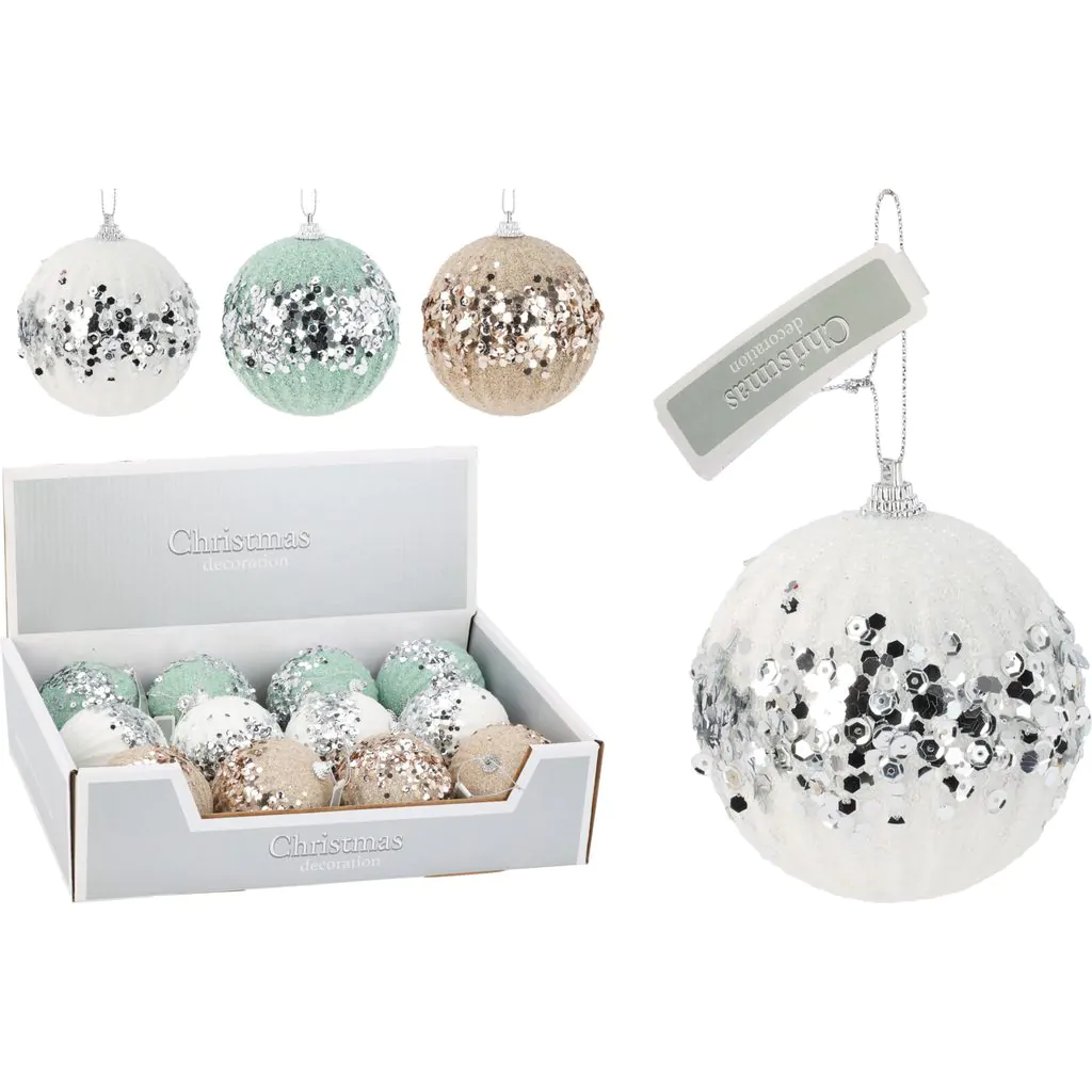 Шар ёлочный пластиковый, белый с серебристыми пайетками, 8 см — изображение 2