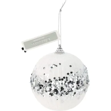 Шар ёлочный пластиковый, белый с серебристыми пайетками, 10 см