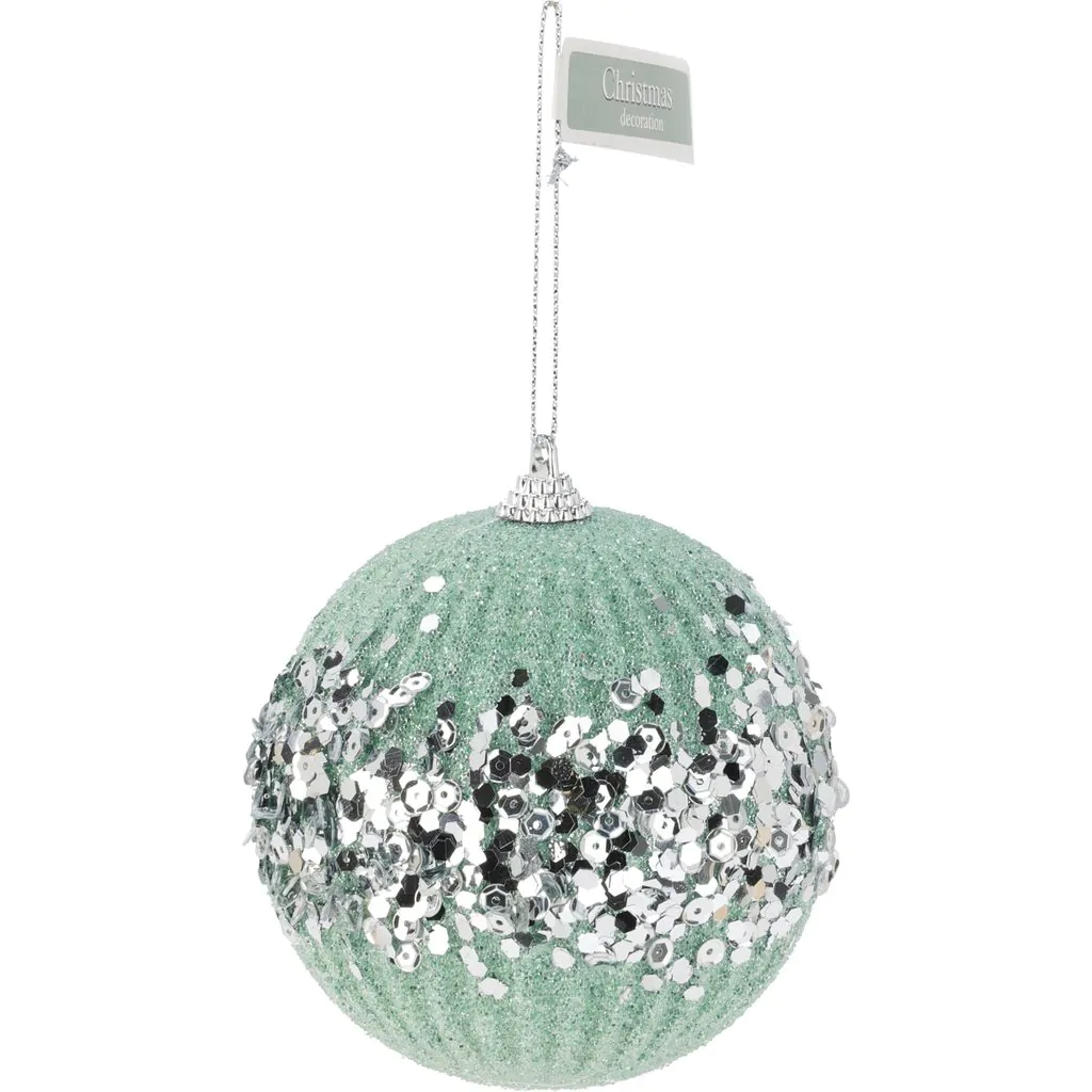 כדור עץ חג המולד מפלסטיק ירוק עם פאייטים, 10 ס"מ
