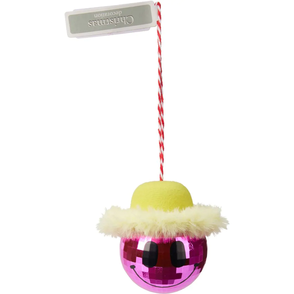 Ёлочный шар пластиковый, розовый с меховой отделкой и шляпкой, 8 см