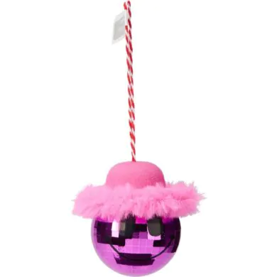 כדור עץ חג המולד מפלסטיק, ורוד עם כובע פרווה ורוד, 8 ס"מ