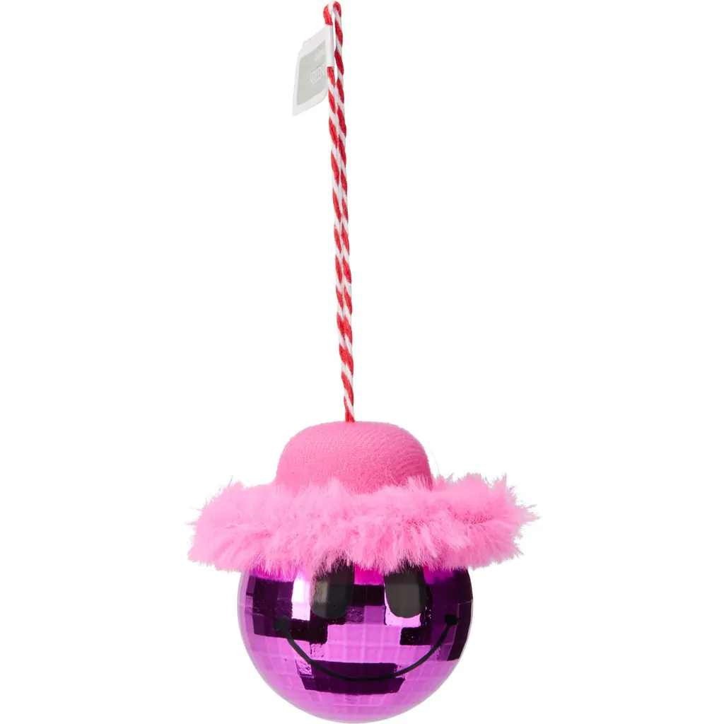 כדור עץ חג המולד מפלסטיק, ורוד עם כובע פרווה ורוד, 8 ס"מ