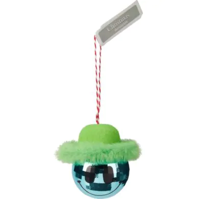 Ёлочный шар пластиковый, голубой  с зелёной меховой шляпой, 8 см