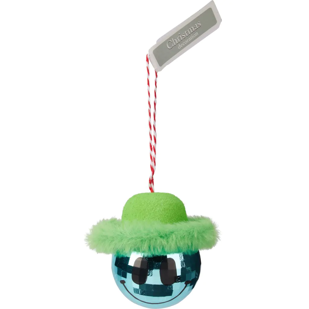 כדור עץ חג המולד מפלסטיק, כחול עם כובע פרווה ירוק, 8 ס"מ