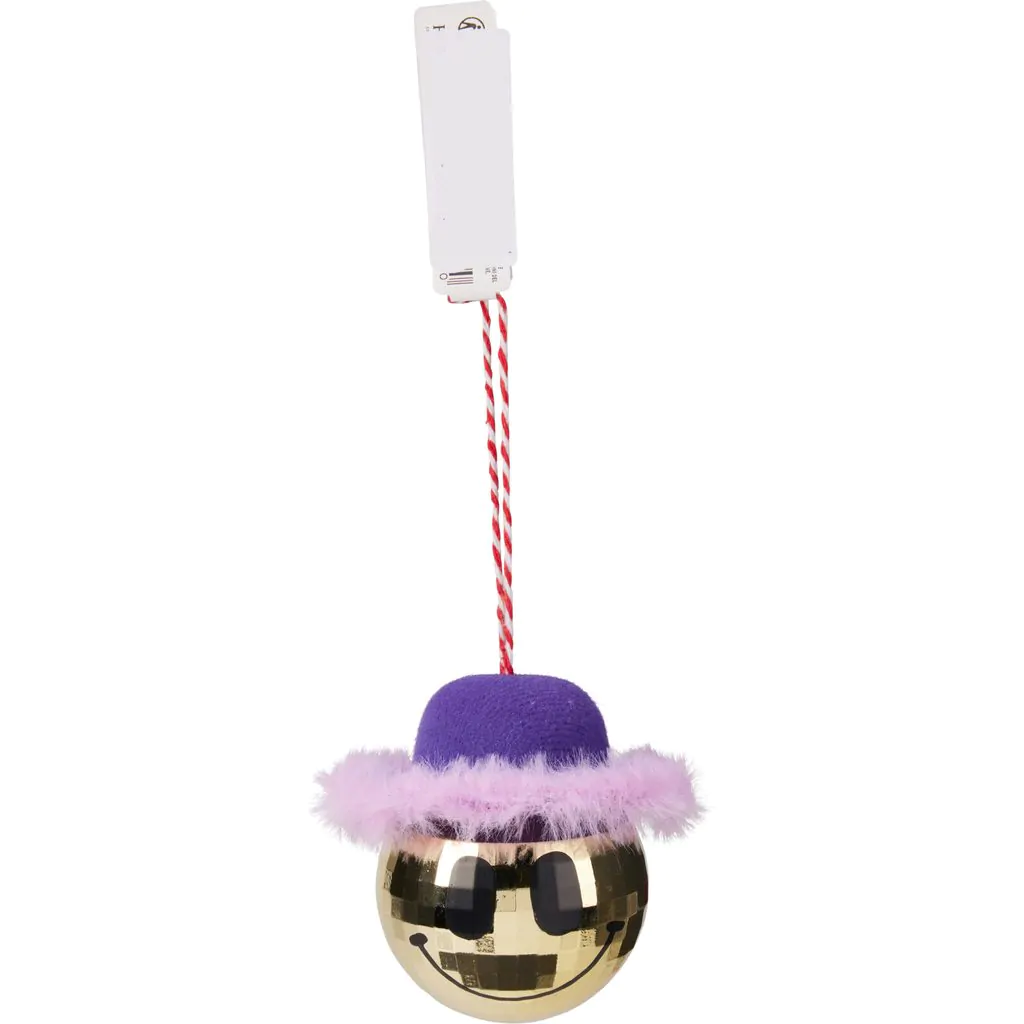 כדור עץ חג המולד מפלסטיק, זהב עם כובע פרווה, 8 ס"מ