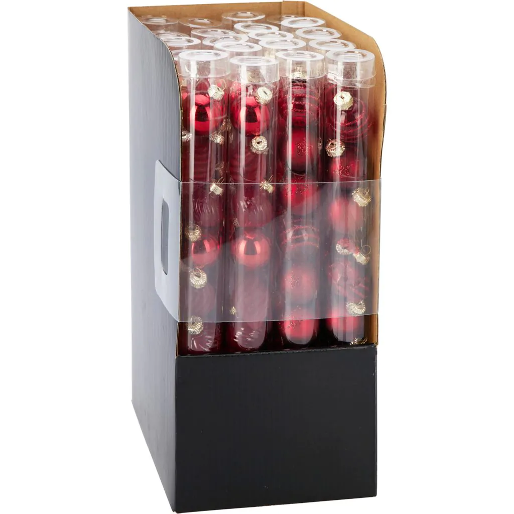 סט של 9 כדורי עץ חג המולד, זכוכית, אדום עם נצנצים, 3 ס"מ