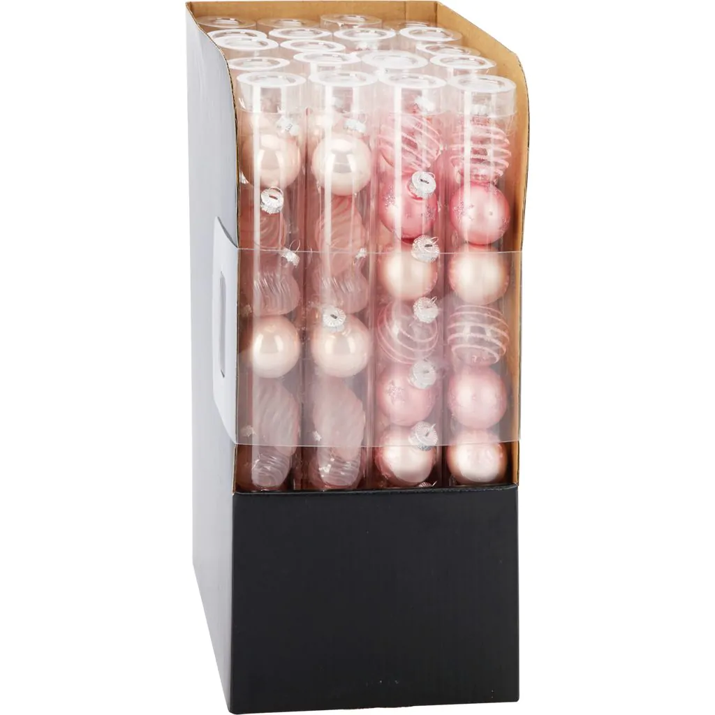 סט כדורי עץ חג המולד מזכוכית, ורוד עם נצנצים, 3 ס"מ