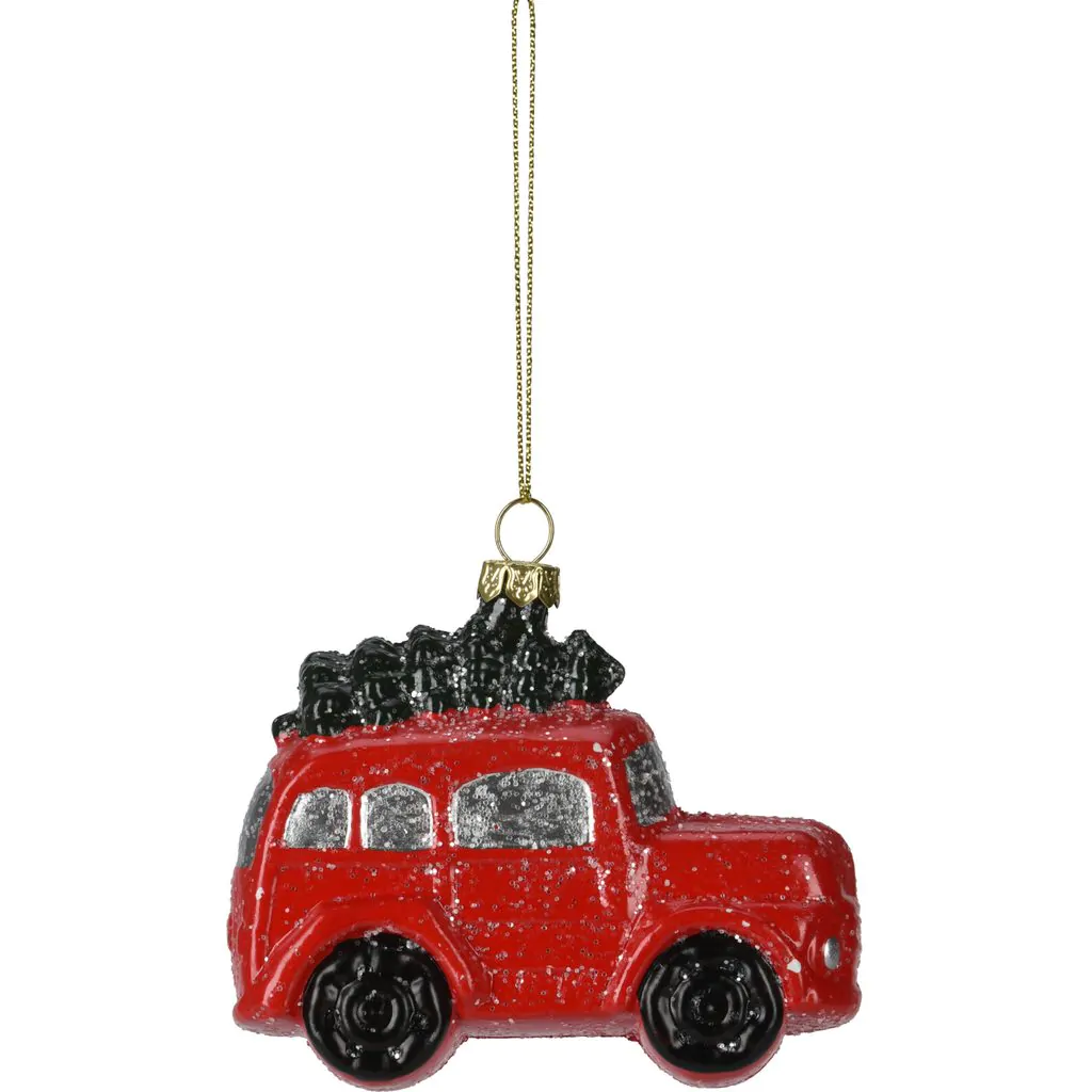 Ёлочная игрушка автомобиль, красный с блёстками