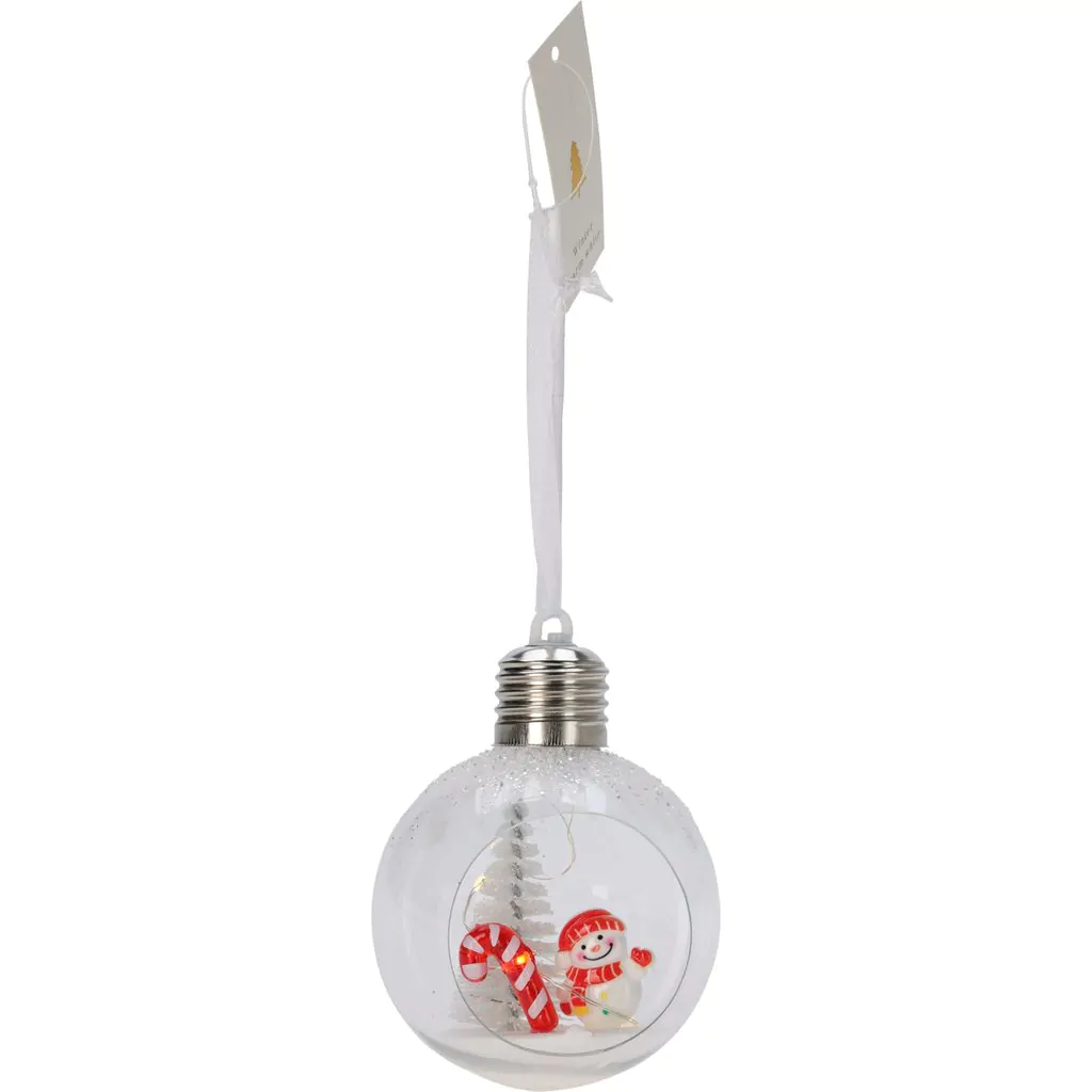 Ёлочный шар  пластиковый, прозрачный, с фигурками внутри, LED-подсветкой, 8 см