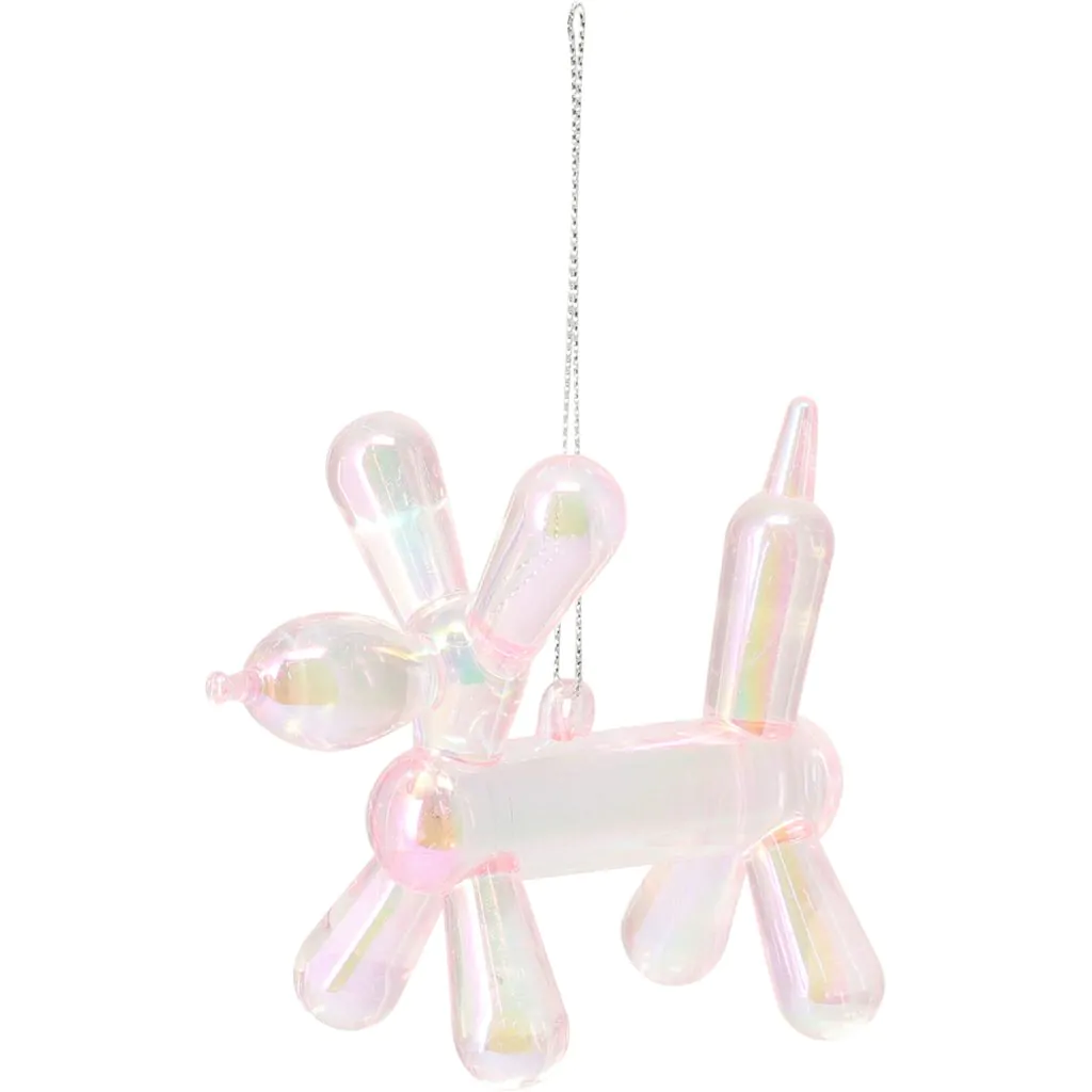 פסלון כלב לקישוט עץ חג המולד עשוי בלון, ורוד קשת בענן, 10 ס"מ.