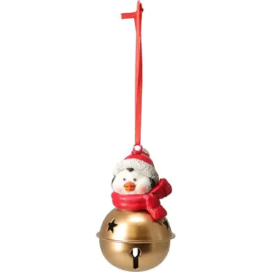 Ёлочное украшение пингвин с колокольчиком на красной ленте, 9 см.
