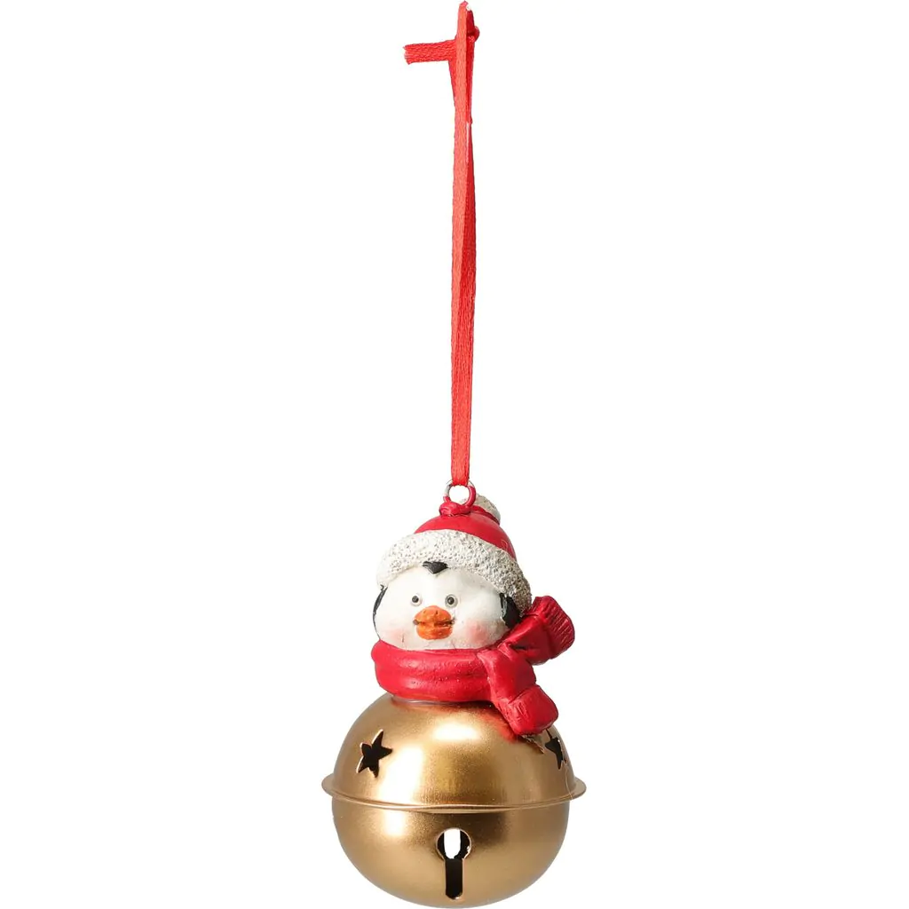 Ёлочное украшение пингвин с колокольчиком на красной ленте, 9 см.