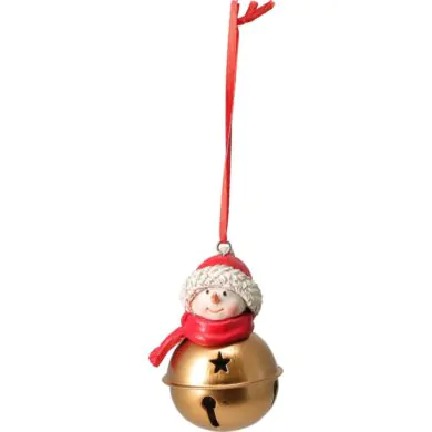 Ёлочное украшение снеговик с колокольчиком на красной ленте, 9 см.