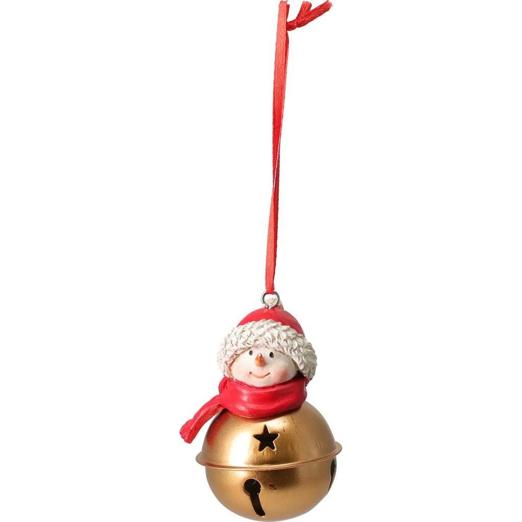 איש שלג לקישוט עץ חג המולד עם פעמון על סרט אדום, 9 ס"מ.